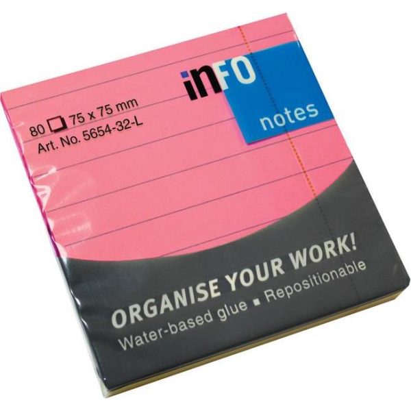 Blok samoljepljiv 75x75mm crte 80L Global Notes 5654-32-L neon-rozi, 000042399