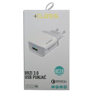 KUĆNI PUNJAČ +CLASS USB QC30 FAST+USB KABEL TIP C BIJELI