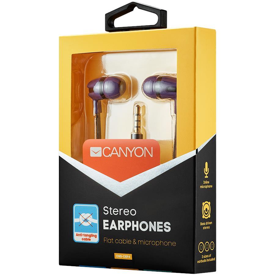 CANYON SEP-4 Stereo earphone with microphone, 1.2m flat cable, Purple, 22*12*12mm, 0.013kg, CNS-CEP4P - Slika 2