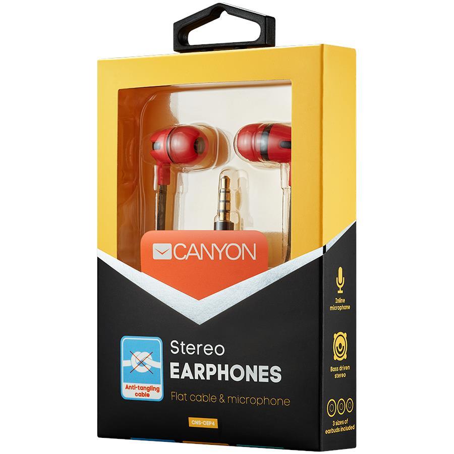 CANYON SEP-4 Stereo earphone with microphone, 1.2m flat cable, Red, 22*12*12mm, 0.013kg - Slika 2