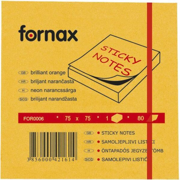 Blok samoljepljiv 75x75mm 80L Fornax neon-narančasti, 000000769
