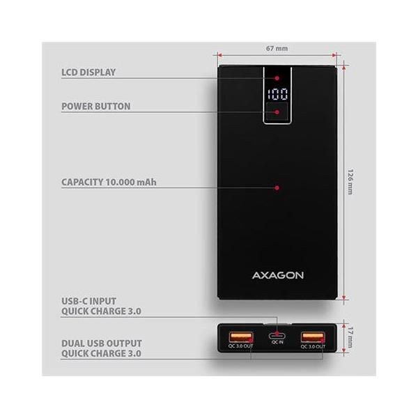 AXAGON PWB-L10QC ALU Power Bank Li-Pol 10000mAh QC3.0 OUT, LCD