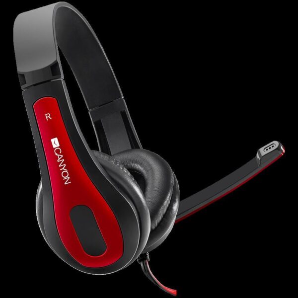 CANYON HSC-1 basic PC headset with microphone, combined 3.5mm plug, leather pads, Flat cable length 2.0m, 160*60*160mm, 0.13kg, Black-red, CNS-CHSC1BR