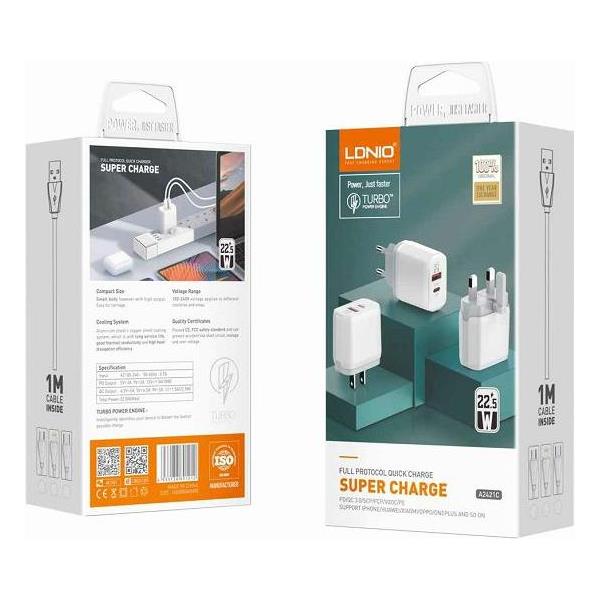 KUĆNI PUNJAČ BRZI 2U1 LDNIO A2421C 22.5W PD TIP C I USB + USB KABEL TIP C