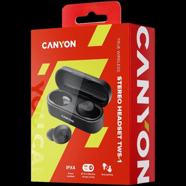 Canyon TWS-1 Bluetooth headset, with microphone, BT V5.0, Bluetrum AB5376A2, battery EarBud 45mAh*2+Charging Case 300mAh, cable length 0.3m, 66*28*24mm, 0.04kg, Black,CNE-CBTHS1B - Slika 5