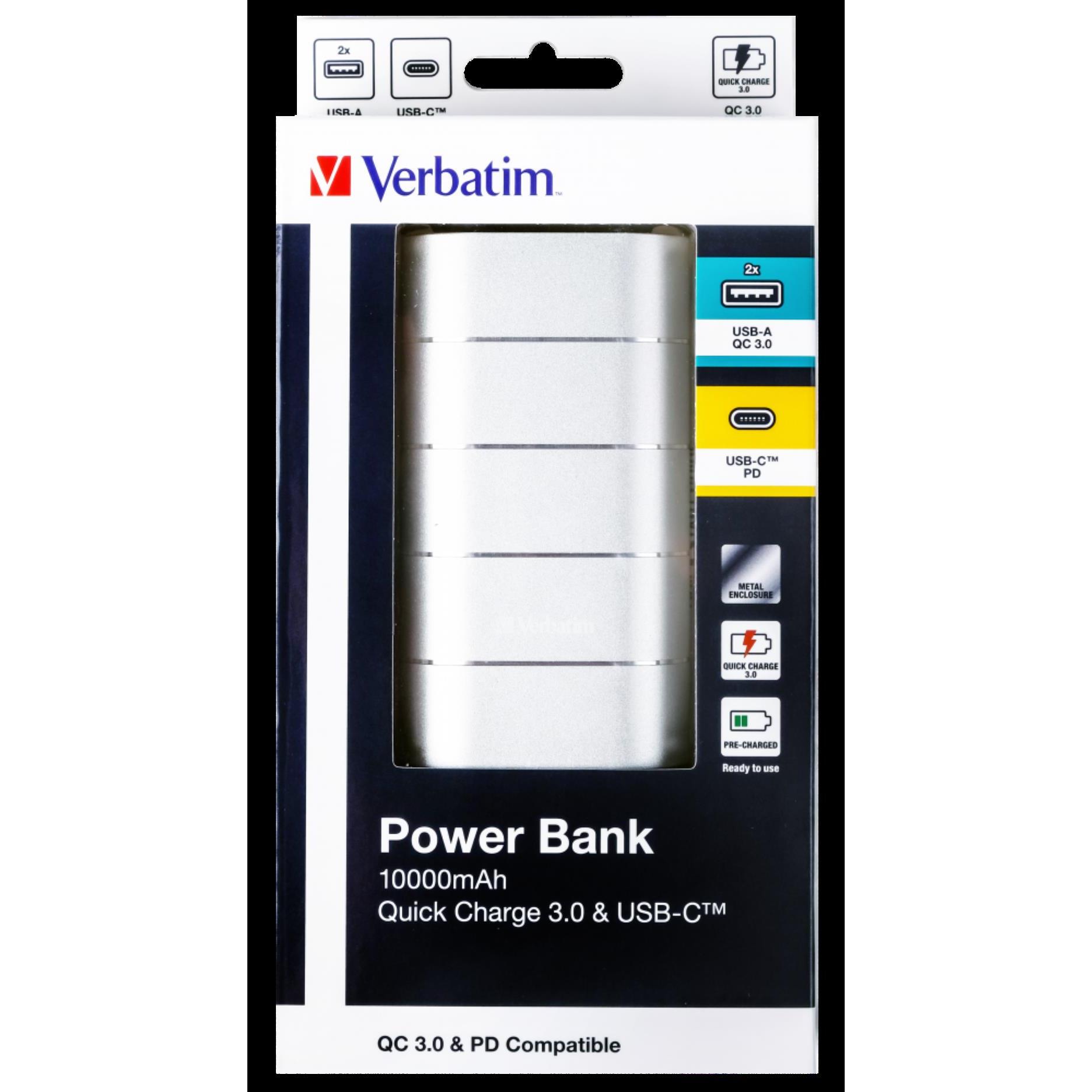Powerbank Verbatim, 10000 mAh, QuickCharge 3.0, USB C, Grey/Silver metal, #49573