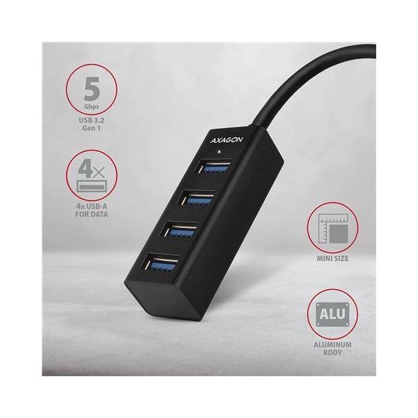 AXAGON HUE-M1A 4x USB3.2 Gen 1 Mini Hub, metal, 20cm USB-A cable