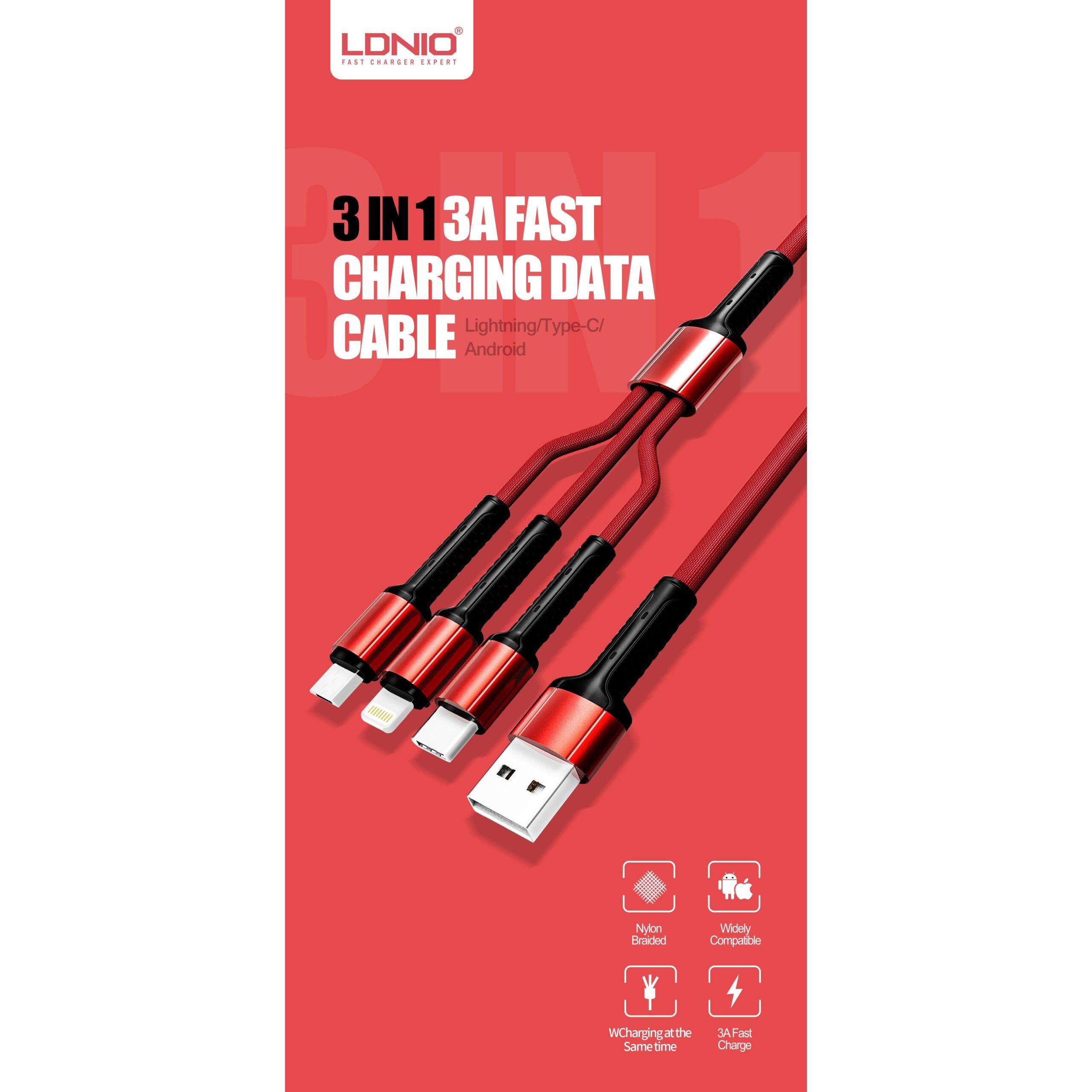USB KABEL LDNIO LC93 3 U 1 1.2 m 3.4A USB NA MIKRO + TIP C + LIGHTNING SIVI