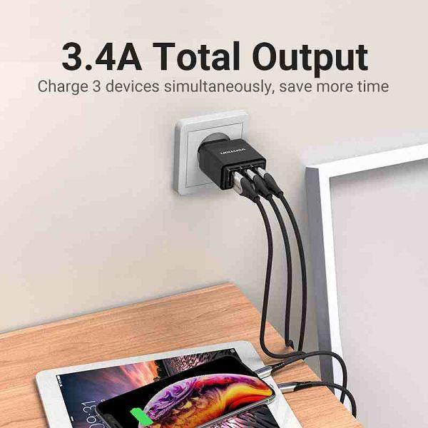 KUĆNI PUNJAČ USB UNIVERZALNI 3 USB *2.4A MAX. 3.4A 17W VENTION DC5307-B CRNI - Slika 2