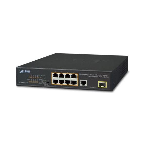Planet 10-Port Unmanaged PoE Switch (8x 100Mbps 802.3at PoE (120W) 1-Port Gbe 1-Port 100 1000X SFP) Desktop Switch, FGSD-1011HP