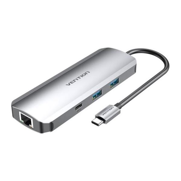 Vention USB-C to HDMI USB-C Gen 1 USB3.0x2 RJ45 SD TF TRRS 3.5mm PD Docking Station 0.15M Gray, TOMHB