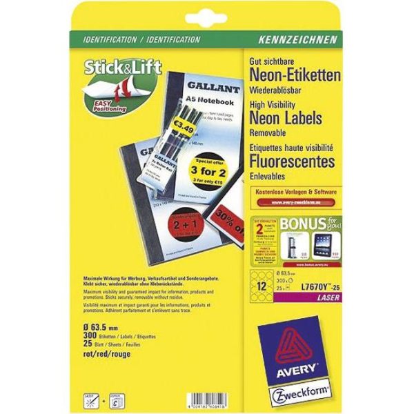 Etikete LK fi-63,5mm pk25L Zweckform L7670R-25 neon crvene