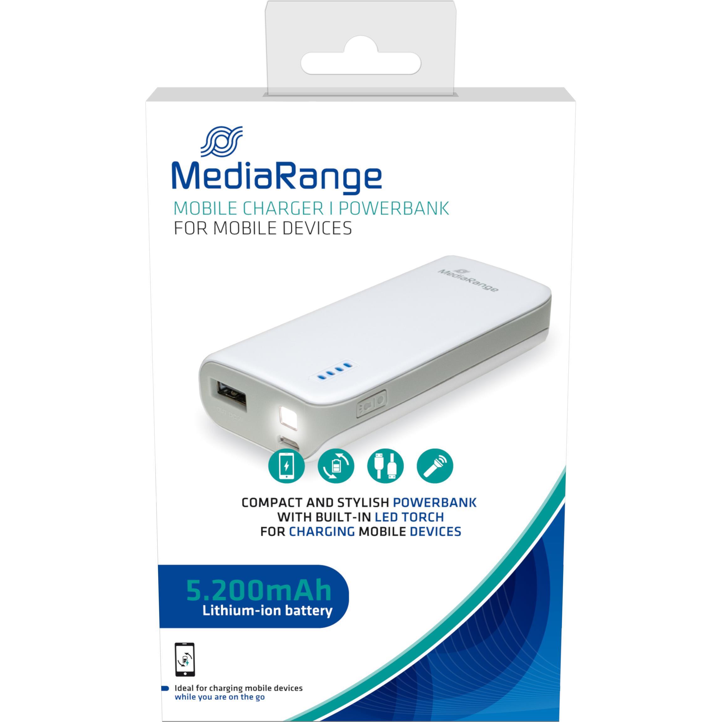 MediaRange Mobilni punjač I Powerbank, s LED svjetiljkom, 5.200mAh, bijelo-sivo, MR751