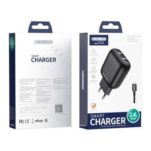 JELLICO punjač C33 2.4A 2 x USB + kabal USB-C set, crni, 3569
