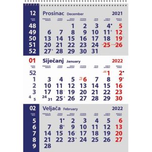 Kalendar zidni trodijelni mali 2025.-3 mjesec/listu, spirala, 000010740