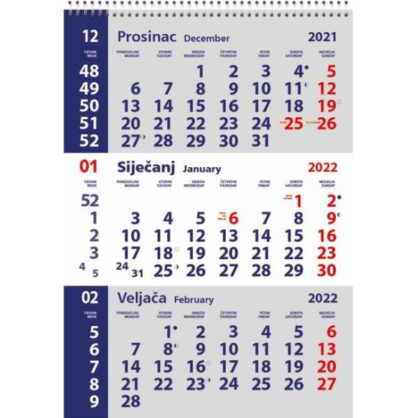 Kalendar zidni trodijelni mali 2025.-3 mjesec/listu, spirala, 000010740