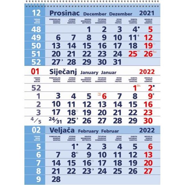 Kalendar zidni trodijelni 2025. sa spiralom plavi, 000013275