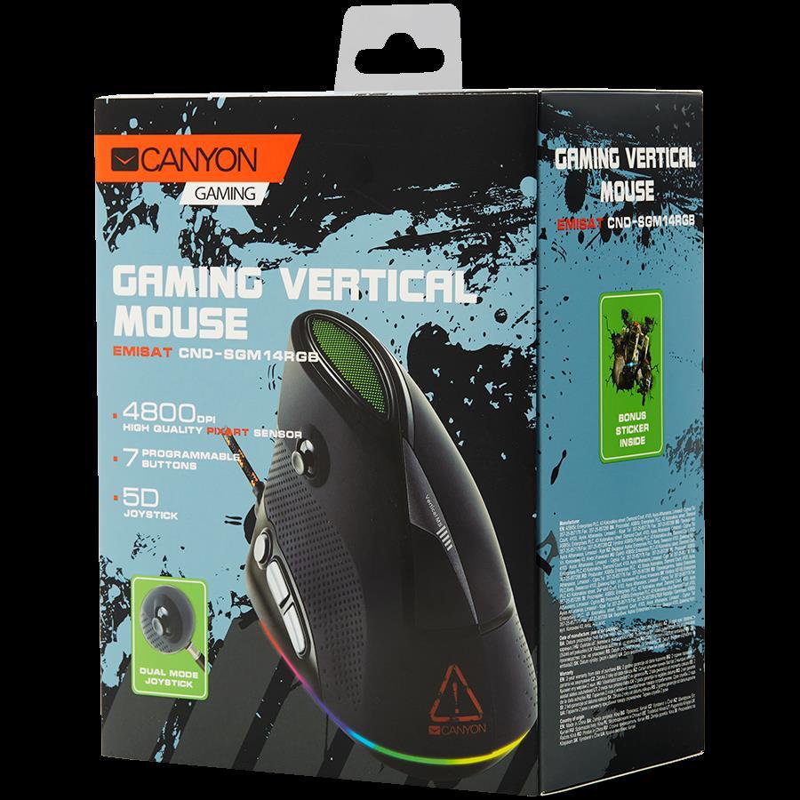 CANYON Emisat GM-14 Wired Vertical Gaming Mouse with 7 programmable buttons, Pixart optical sensor, 6 levels of DPI and up to 4800, 1.65m Braided USB cable,rubber coating sur, 5291485005931