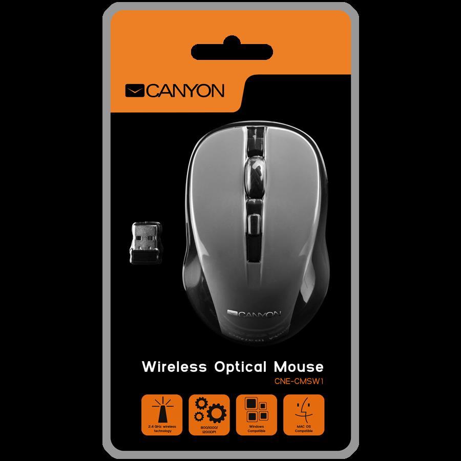 CANYON MW-1 2.4GHz wireless optical mouse with 4 buttons, DPI 800/1200/1600, Gray, 103.5*69.5*35mm, 0.06kg, CNE-CMSW1G - Slika 2