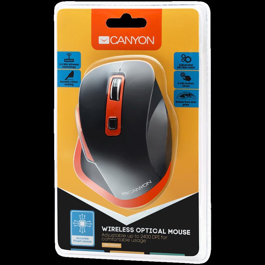 CANYON MW-14 2.4Ghz Wireless mouse, with 6 buttons,DPI 800/1200/1600/2000/2400,Battery:AAA*2 pcs , Black-Orange119.6*81.1*43.3mm86.8g, CNS-CMSW14BO - Slika 2