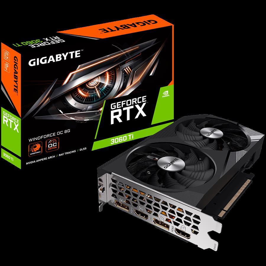 GIGABYTE Video Card NVIDIA GeForce RTX 3060 Ti WINDFORCE OC 8G, GDDR6 12GB/256bit, PCI-E 4.0 x16, 2x DP, 2x HDMI, WINDFORCE 2x, Protection backplate, LHR, ATX, Retail, GV-N306TWF2OC-8GD