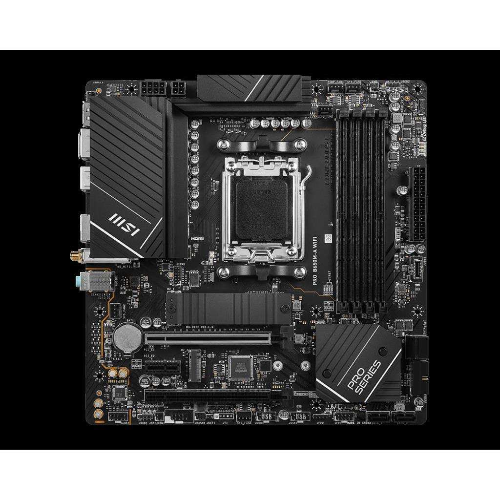MSI Mainboard Desktop PRO B650M-A WIFI (AM5, 4x DDR5 max. 128GB, 2x PCI-E x16x16, 1x PCI-E x1, 2x M.2 4.0, 4x SATA, 4x USB 3.2 Gen1, 4x USB 3.2 Gen2, 1x HDMI, 1x DP, Realtek 2.5G LAN, Wi-Fi 6, mATX, R
