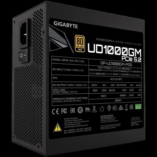 GIGABYTE UD1000GM Power Supply 1000W, PCIe Gen5 16Pin x 1 600W, Modular, 80 PLUS Gold, Japanese capacitors, 120mm smart control fan, EU plug, GP-UD1000GM PG5 - Slika 3