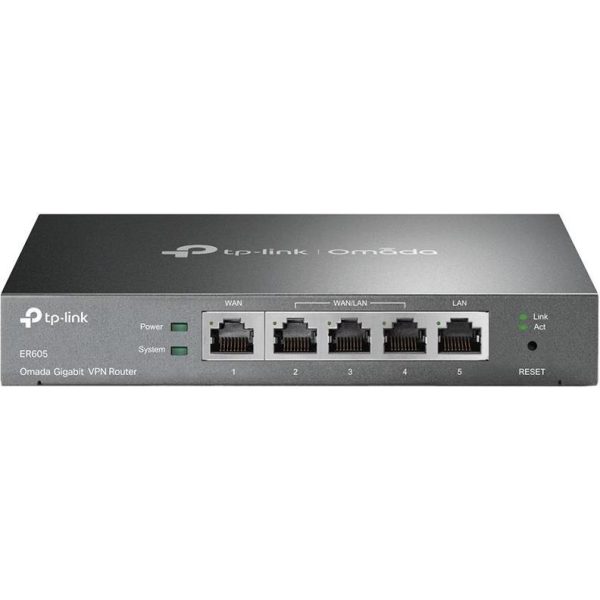 TP-Link ER605 Omada Gigabit VPN Router, 1 x G WAN, 1 x G LAN, 3 x WAN/LAN, 25K Concurrent Sessions, 128 MB DRAM, SPI 16MB Flash,IPSec, L2TP, PPTP, OpenVPN, SPI Firewall, DoS, 4 KV lightning protection