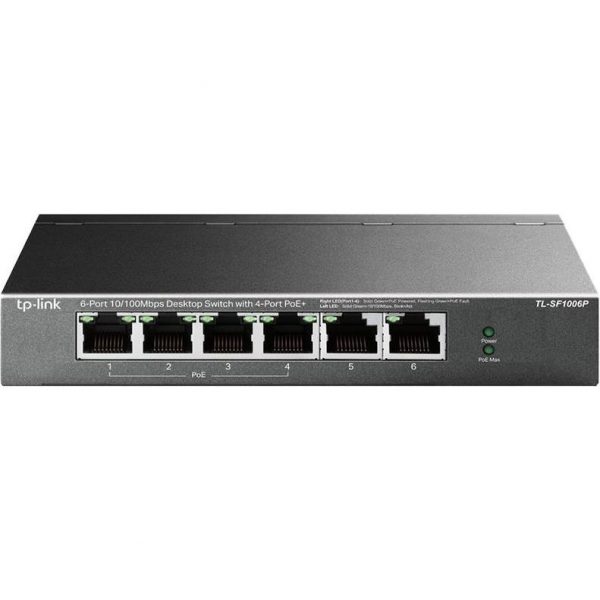 4-port 10/100Mbps Unmanaged PoE+ Switch with 2 10/100Mbps uplink ports, meta case, desktop mount, 4 802.3af/at compliant PoE+ port, 2 10/100Mbps uplink ports, DIP switches for Extend mode, Isolation m