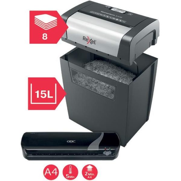 Uništavač dokumentacije 8 listova CrossCut Momentum X308 Rexel 2104572EU+Plastifikator Inspire+ A4, 000052760