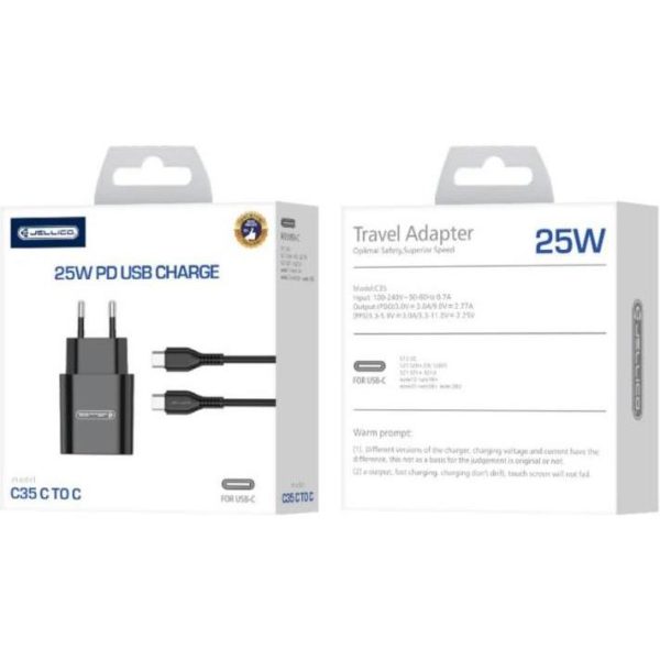 JELLICO C35 SUPER FAST 25W PD USB-C + cable USB-C to USB-C black, 4799