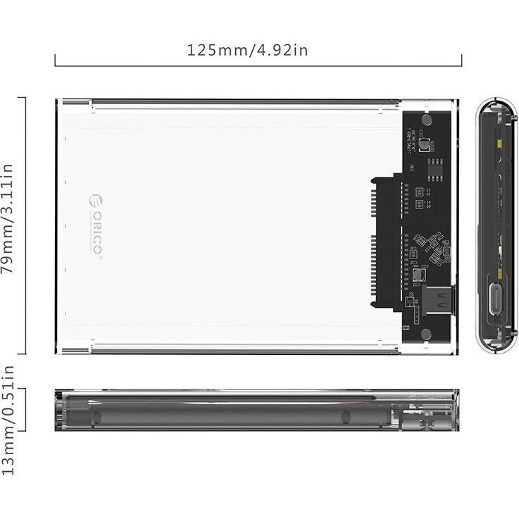 Orico vanjsko kućište 2.5" SATA HDD/SSD, do 9.5 mm, tool free, USB3.1 Gen2 Type-C, prozirno kućište, ORICO-2139C3-G2-CR-EP - Slika 3