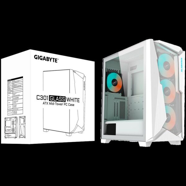 GIGABYTE C301 GLASS Midi Tower, E-ATX, USB 3.1 Gen2 Type-C x1, USB 3.0 x2, Audio In & Out, LED Switch, 4x 120mm ARGB fans, Tempered Glass, White, GB-C301GW - Slika 6