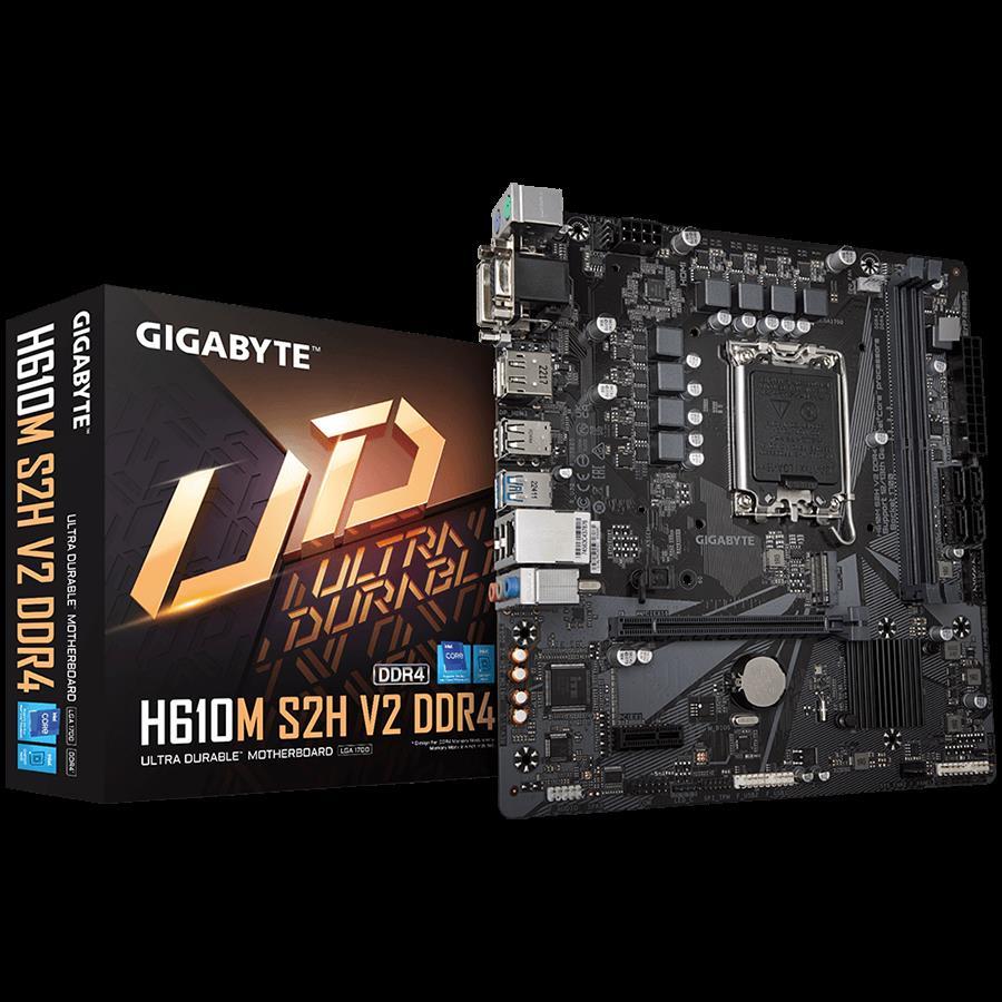 GIGABYTE Mainboard Desktop H610M S2H V2 DDR4 (LGA1700, 2xDDR4, 1xD-Sub, 1xDVI-D, 1xHDMI, 1xDP, GLAN, 1xPCI Express x16 4.0, 1xPCI Express x16 3.0, 1xM.2, 4xSATAIII, 4xUSB3.2 Gen1, 4xUSB2.0/1.1) mATX