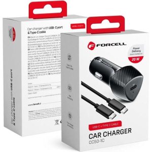 Auto punjač FORCELL CARBON Type C 3.0 PD20W CC50-1C black (Total 20W) + cable for Type C PD60W