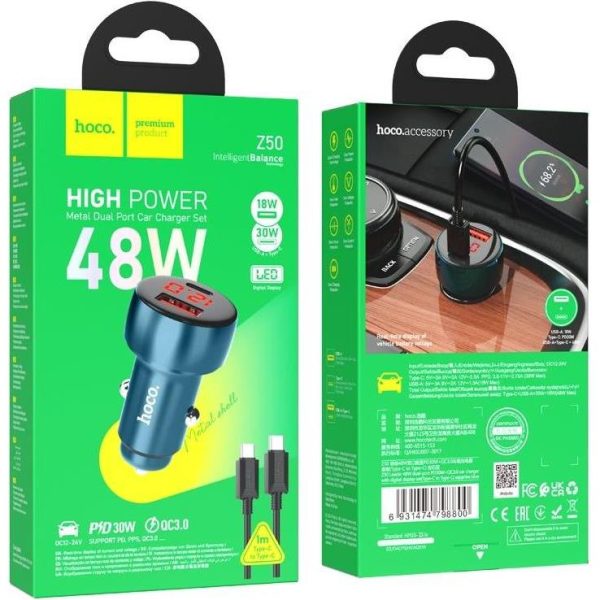 Auto punjač HOCO USB QC 3.0 Type C + kabel C to Apple Lightning 8-pin PD 48W Leader Z50 metal grey - Slika 2