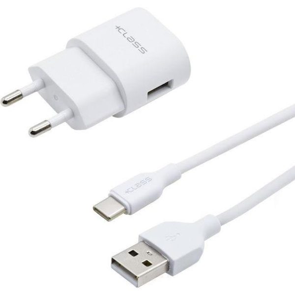KUĆNI PUNJAČ +CLASS USB 2.1A+USB KABEL TIP C BIJELI BULK, KUPUOS39B