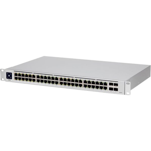 Ubiquiti USW-48-PoE, Layer 2 PoE switch, 32 x GbE PoE+, 16 x GbE ports, 4 x 1G SFP ports, 195W total PoE Power, Fanless, silent cooling, ESD/EMP protection, 1.3" touchscreen LCM display, USW-48-POE-EU