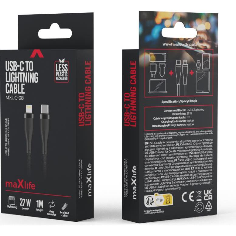 Maxlife MXUC-08 cable USB-C - Lightning 1,0 m 27W black nylon, OEM0101188 - Slika 2