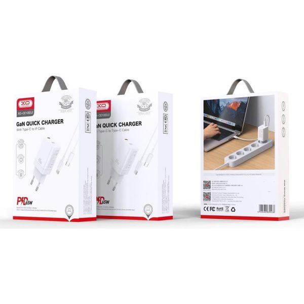 XO wall charger CE10 PD 65W 1x USB-C white + USB-C - Lightning cable, GSM170641