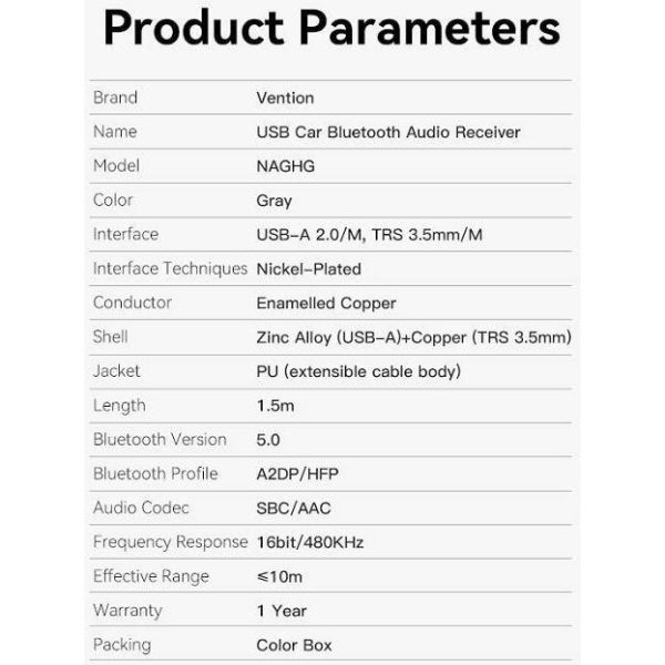 USB AUTO PRIJEMNIK VENTION BLUETOOTH 5.0 USB Ž NA 3.5 mm M 1.5 m NAGHG CRNI - Slika 3