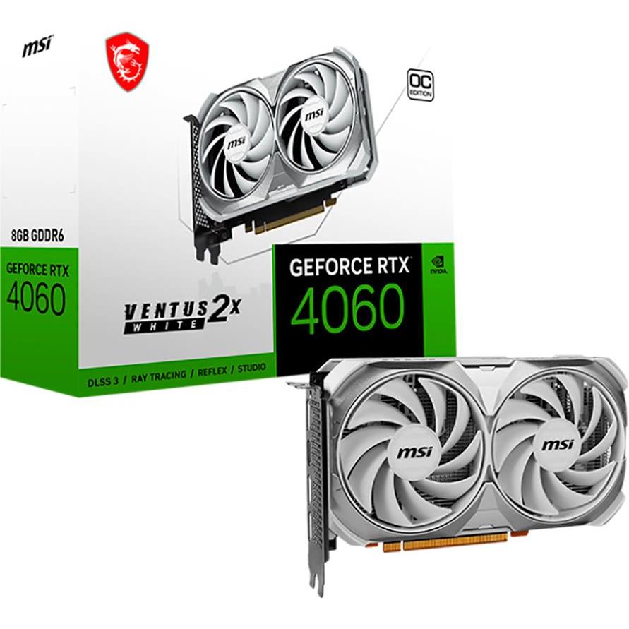 MSI Video Card Nvidia GeForce RTX 4060 VENTUS 2X WHITE 8G OC, 8GB GDDR6, 128bit, Boost: 2490 MHz, 3072 CUDA Cores, PCIe 4.0, 3x DP 1.4a, HDMI 2.1a, RAY TRACING, Dual Fan,RTX_4060_VENTUS_2X_WHITE_8G_OC