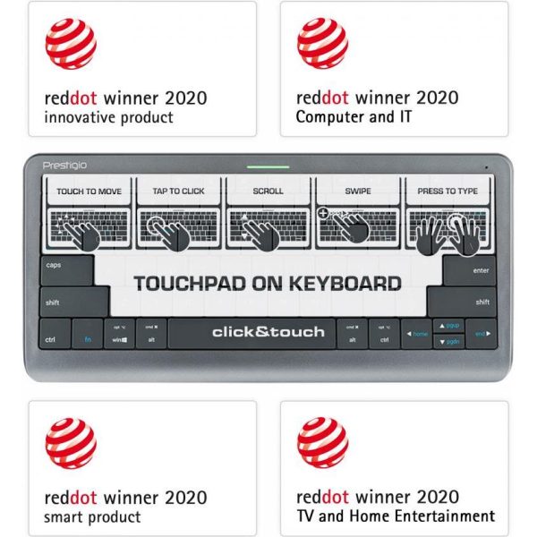Click&Touch, wireless multimedia keyboard for Smart-TV with touchpad embedded into keys, auto-switch between keyboard and touchpad, connect to 5 devices via Bluetooth, USB dongle and Type-C, LED statu