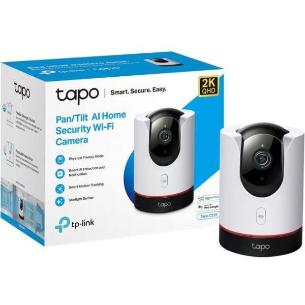 TP-Link Tapo C225 Pan/Tilt AI Home Security Wi-Fi Camera, resolution 2K QHD (2560 × 1440px), Lens: F/NO: 1.6±5%; Focal Length: 4mm±5%, Night Vision, 128 bit AES encryption with SSL/TLS, Wi-Fi Protocol