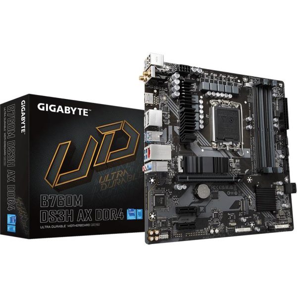 GIGABYTE Mainboard Desktop B760M DS3H AX DDR4 (LGA1700, 4x DDR4, 1xD-Sub, 1xHDMI, 2xDP, 2.5GLAN, Wi-Fi 6E 802.11ax, 1x PCI Express x16 4.0, 2x PCI Express x1 3.0, 2xM.2, 4xSATA3, 1x USB Type-C, 5x USB