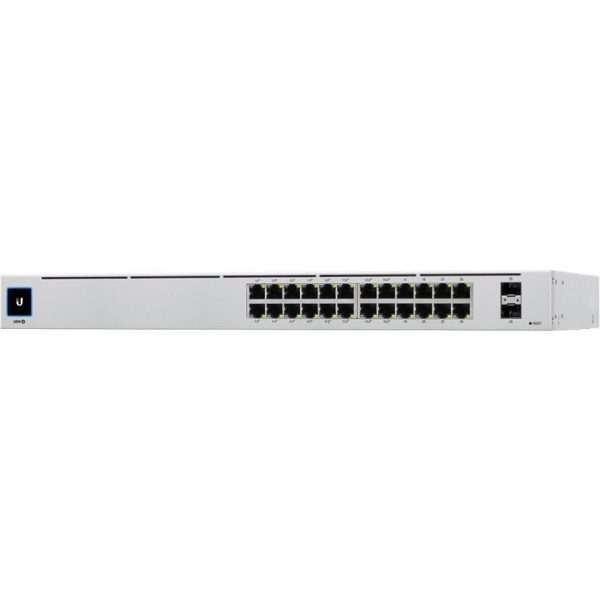 UBIQUITI Pro 24; (24) GbE ports; (2) 10G SFP+ ports; DC power backup-ready; Layer 3 switching; Silent cooling.