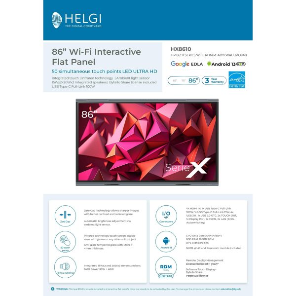 Interaktivni ekran HELGI HX8610 86", Ultra HD (4K), 8GB/128GB, Android 13 + zidni nosač - Slika 2
