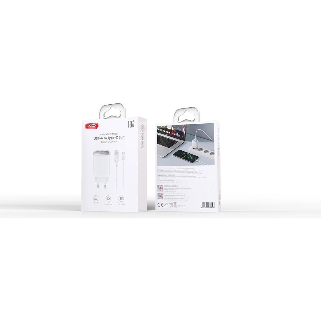 Kućni punjač XO CE19 QC 18W 1x USB white + cable USB-C, GSM176809 - Slika 2