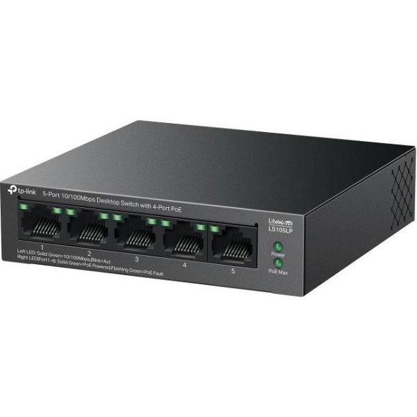 TP-Link 5-Port 10/100Mbps Desktop preklopnik (Switch), 5×10/100 Mbps RJ45 Ports (4×10/100 Mbps 802.3af PoE Ports) 802.3af, 41W PoE Power, metalno kučište