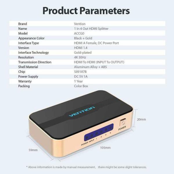 HDMI RAZDJELNIK 1 ULAZ 4 IZLAZA HDMI 4K VENTION ACCG0-EU ZLATNI - Slika 3